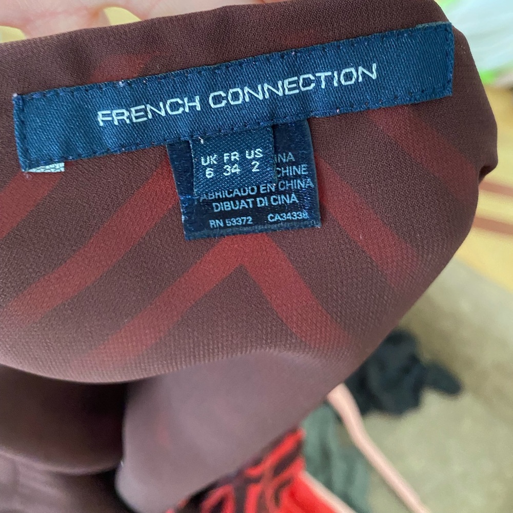 French Connection Dress - Red & Chocolate Brown, Midi, Swing Dress w/ Tie Waist - Picture 8 of 10